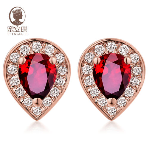 天然鸽血红镶钻耳坠饰18k玫瑰金