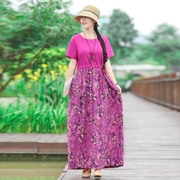 Mùa hè 2019 mới văn học cotton và vải lanh khâu du lịch vòng cổ lỏng lẻo cỡ lớn eo phụ nữ - Váy dài