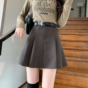 高腰百褶半身裙女秋冬款2023秋季新款显瘦百搭腰带气质a字短裙子