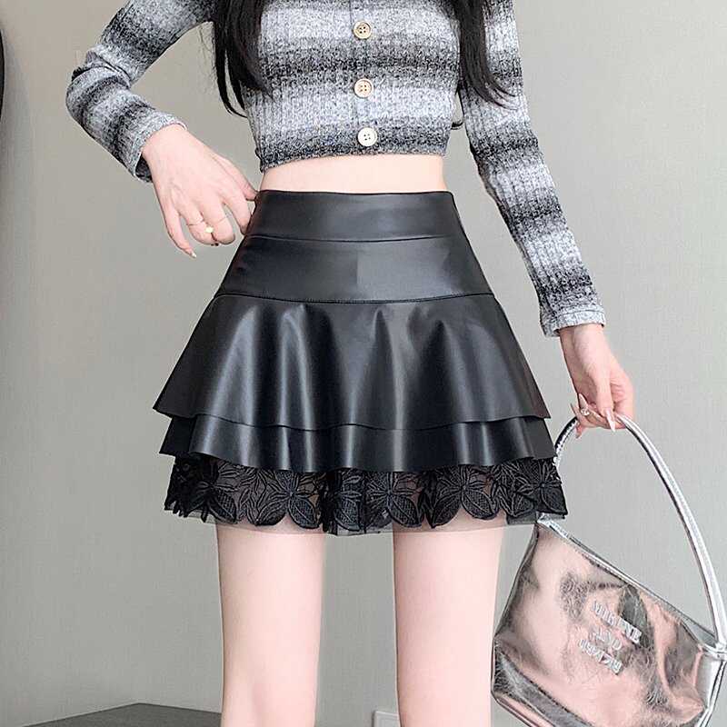 PU皮裙半身裙女2024新款秋冬季款高腰短裙蕾丝拼接a字蛋糕伞裙子
