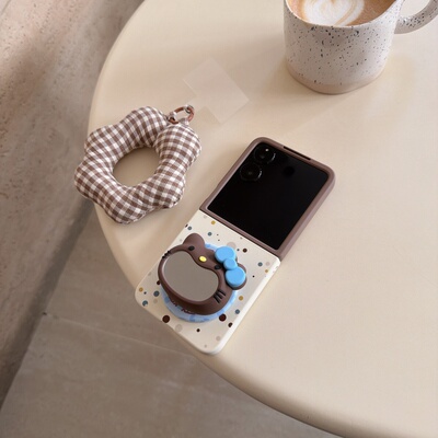 镜面棕猫带磁吸支架折叠屏手机壳