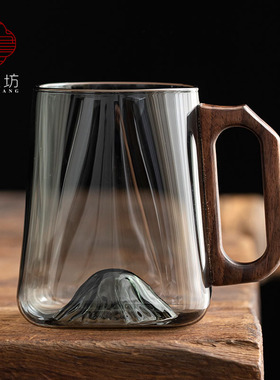 办公室烟灰色玻璃水杯胡桃木把耐高温观山方底茶杯个人喝水杯子