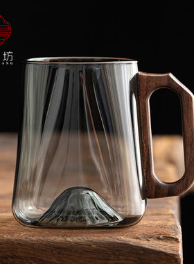 办公室烟灰色玻璃水杯胡桃木把耐高温观山方底茶杯个人喝水杯子