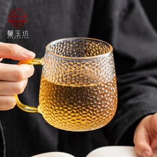 耐高温玻璃水杯锤纹牛奶麦片早餐杯透明茶杯带把手喝水杯子办公杯