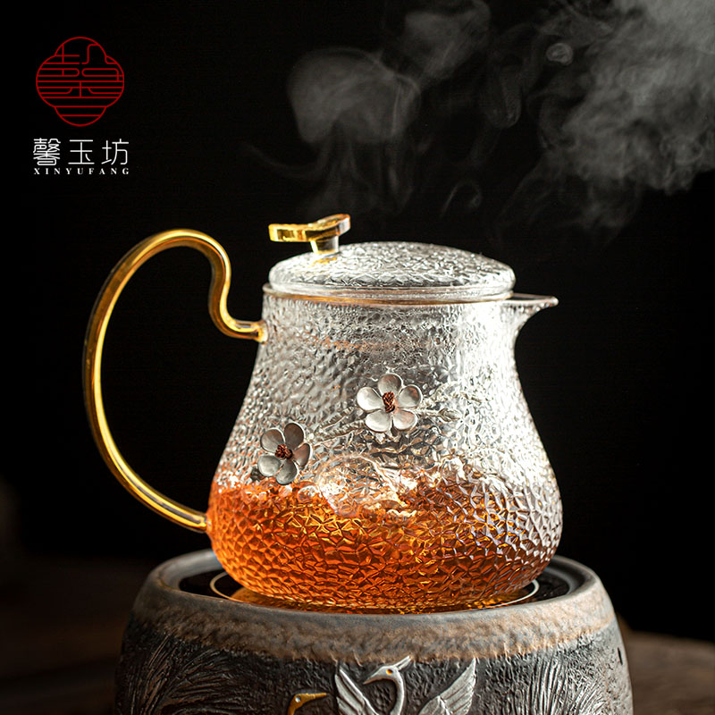 馨玉坊锤纹耐高温办公玻璃茶壶
