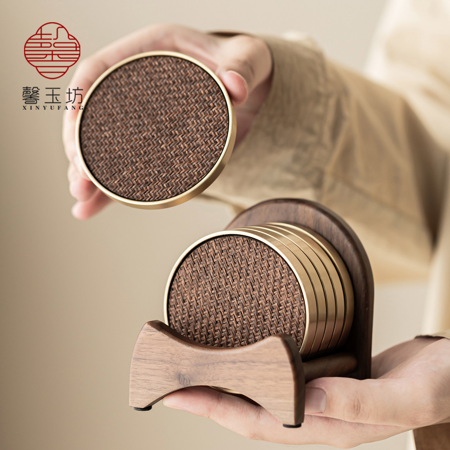 新中式编织铜圈茶杯垫带收纳整套轻奢覆古高档隔热垫杯托茶道配件