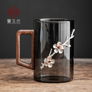 胡桃木把烟灰玻璃水杯轻奢镶锡梅花喝水杯耐高温办公室泡茶杯送人