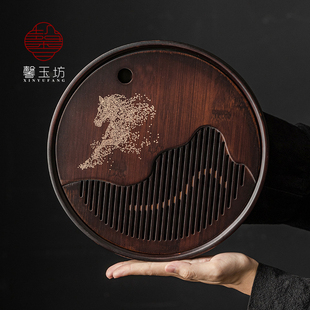 马到成功竹制圆形茶盘储水干泡茶台家用功夫茶具简易小型茶海茶托
