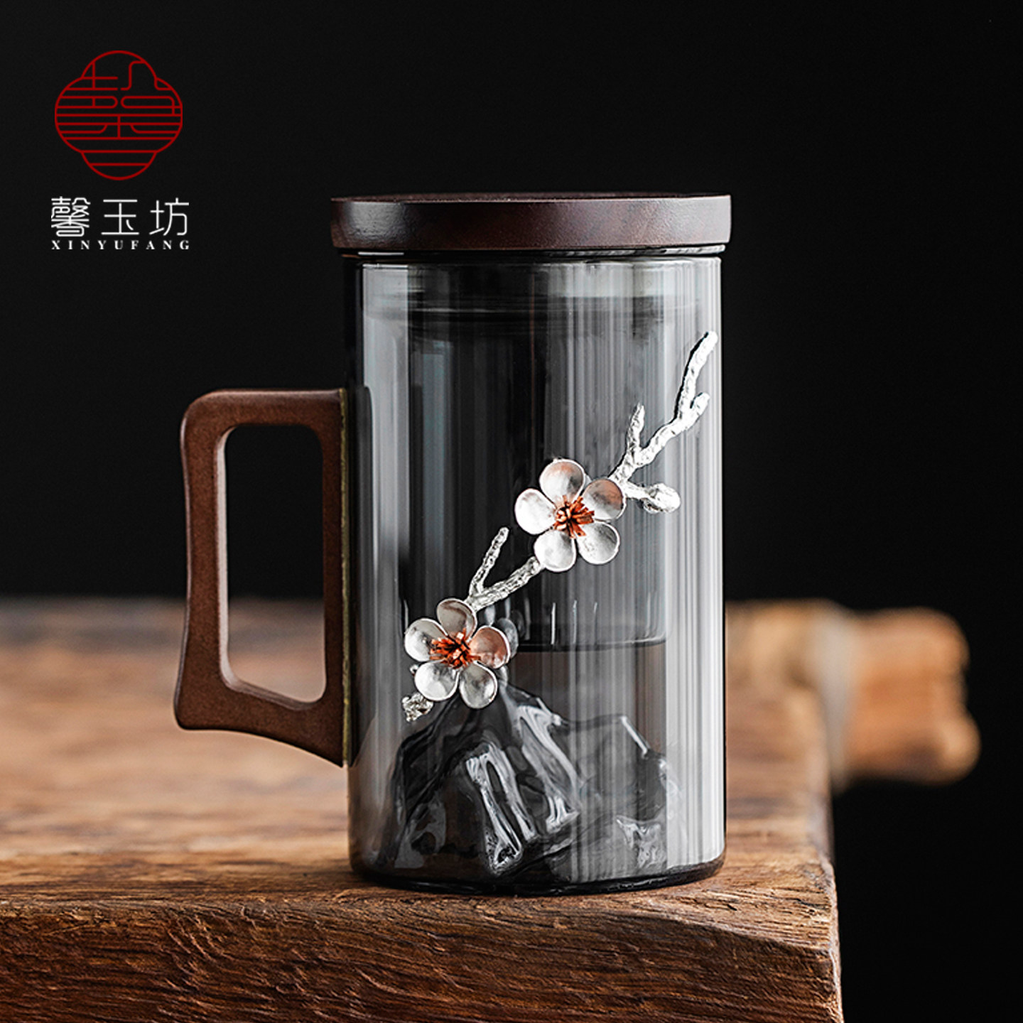 轻奢中式锡制梅花玻璃泡茶杯办公室家用带盖带过滤个人杯耐热防爆