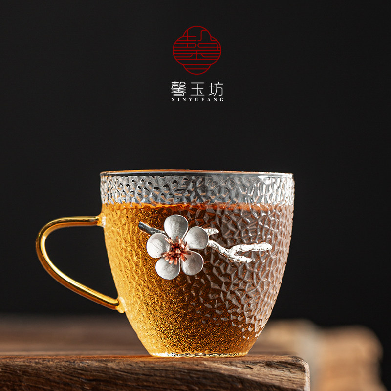 馨玉坊镶锡梅花锤纹玻璃杯耐热泡茶杯带把办公家用茶杯水杯花茶杯