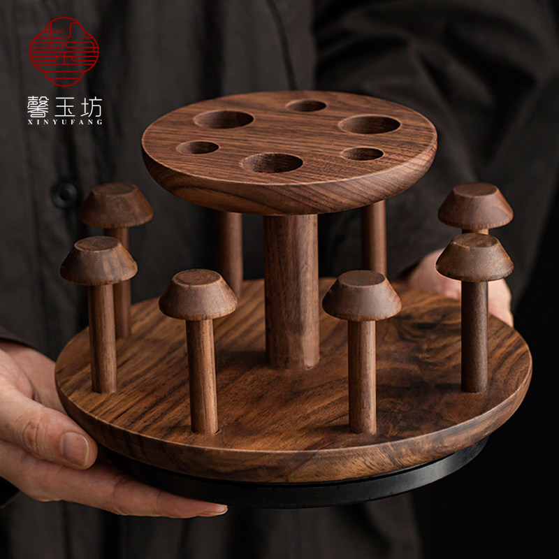 轻奢胡桃木旋转茶杯架晾杯沥水架茶桌茶道配件泡茶工具茶具收纳层