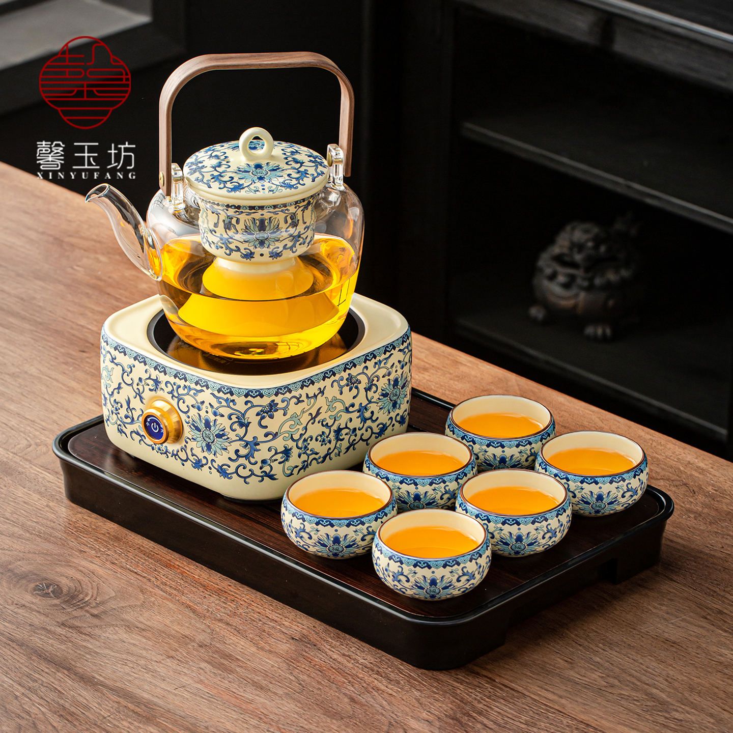 青花缠枝莲提梁壶电陶炉煮茶整套