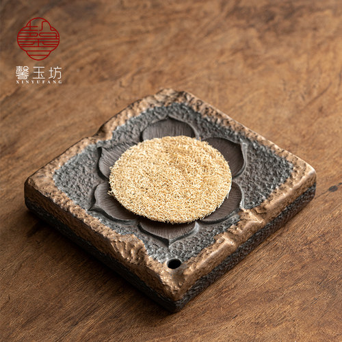 馨玉坊粗陶四方荷花壶承+丝瓜垫