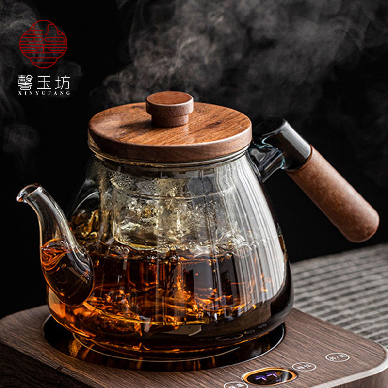 胡桃木把烟灰色玻璃煮茶壶耐高温蒸茶器可明火泡茶壶电陶炉烧水壶