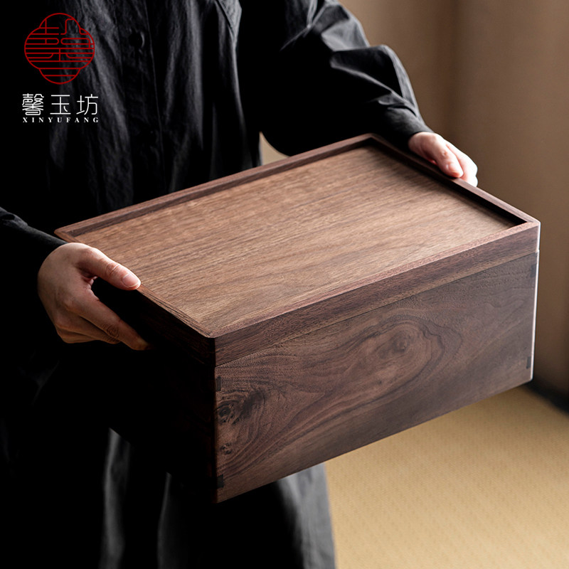 黑胡桃木茶具收纳箱家用飘窗日式茶台高档实木储物箱防尘盖收纳盒