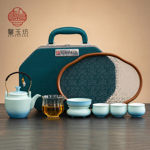新中式渐变蓝提梁壶功夫茶具套装