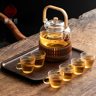 轻奢花茶壶温茶炉套装耐热玻璃提梁壶蜡烛加热底座茶杯托盘整套