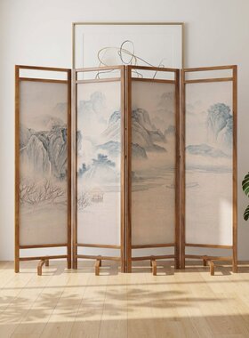 新中式山水折叠屏风可移动隔断