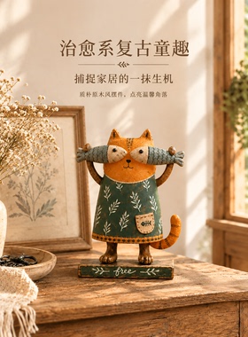 复古治愈系木质猫咪桌面摆件