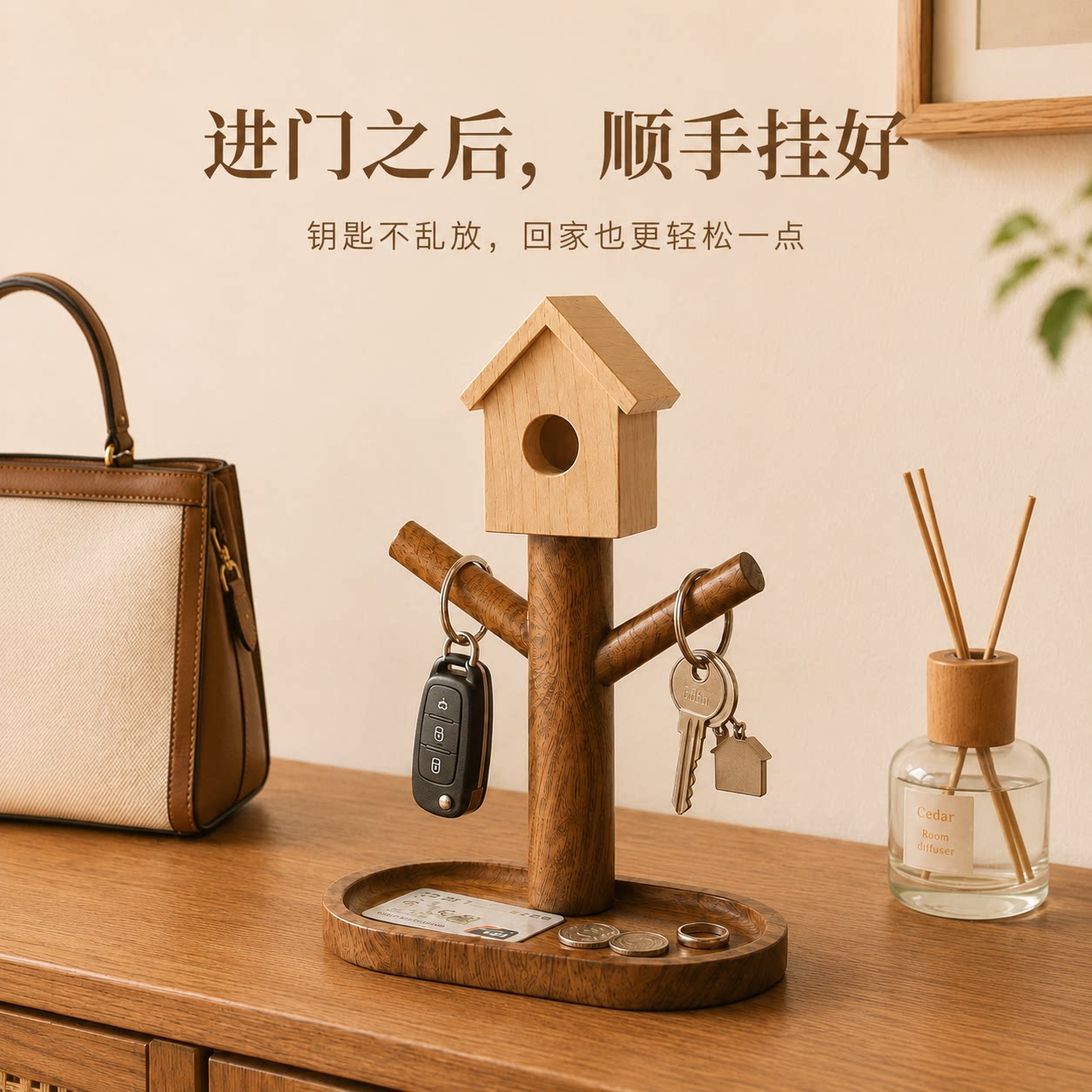 多功能实木托盘入门玄关桌面钥匙收纳摆件梳妆台化妆品首饰置物架图片