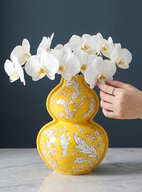 欧式古典黄色陶瓷葫芦花瓶摆件
