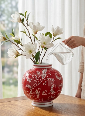 景德镇陶瓷中式红纹花瓶摆件