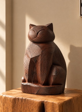 仿木雕猫咪复古高级感摆件
