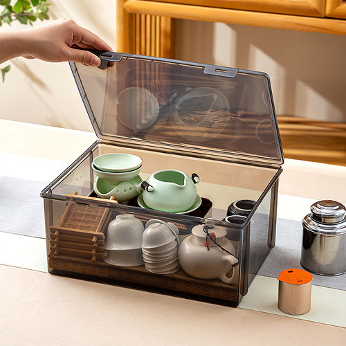 茶具收纳盒带盖防尘透明茶几桌面茶叶茶杯整理存放功夫茶壶置物架