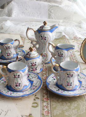 BonheurAntique法国Limoges 手绘蓝色小玫瑰 鎏金 浓缩茶壶杯碟组