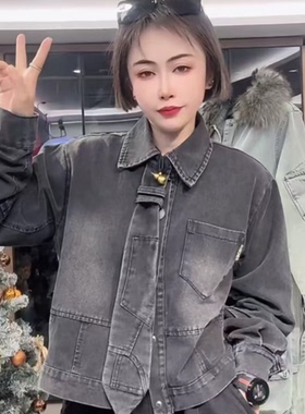 春姐精选：时尚新款女装弯刀袖韩版牛仔衬衣25056领带款