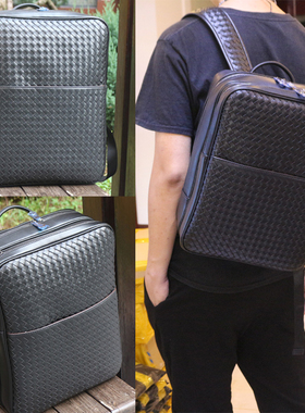 网红欧版男士真皮编织双肩包休闲商务背包潮牌男包旅行电脑背提包