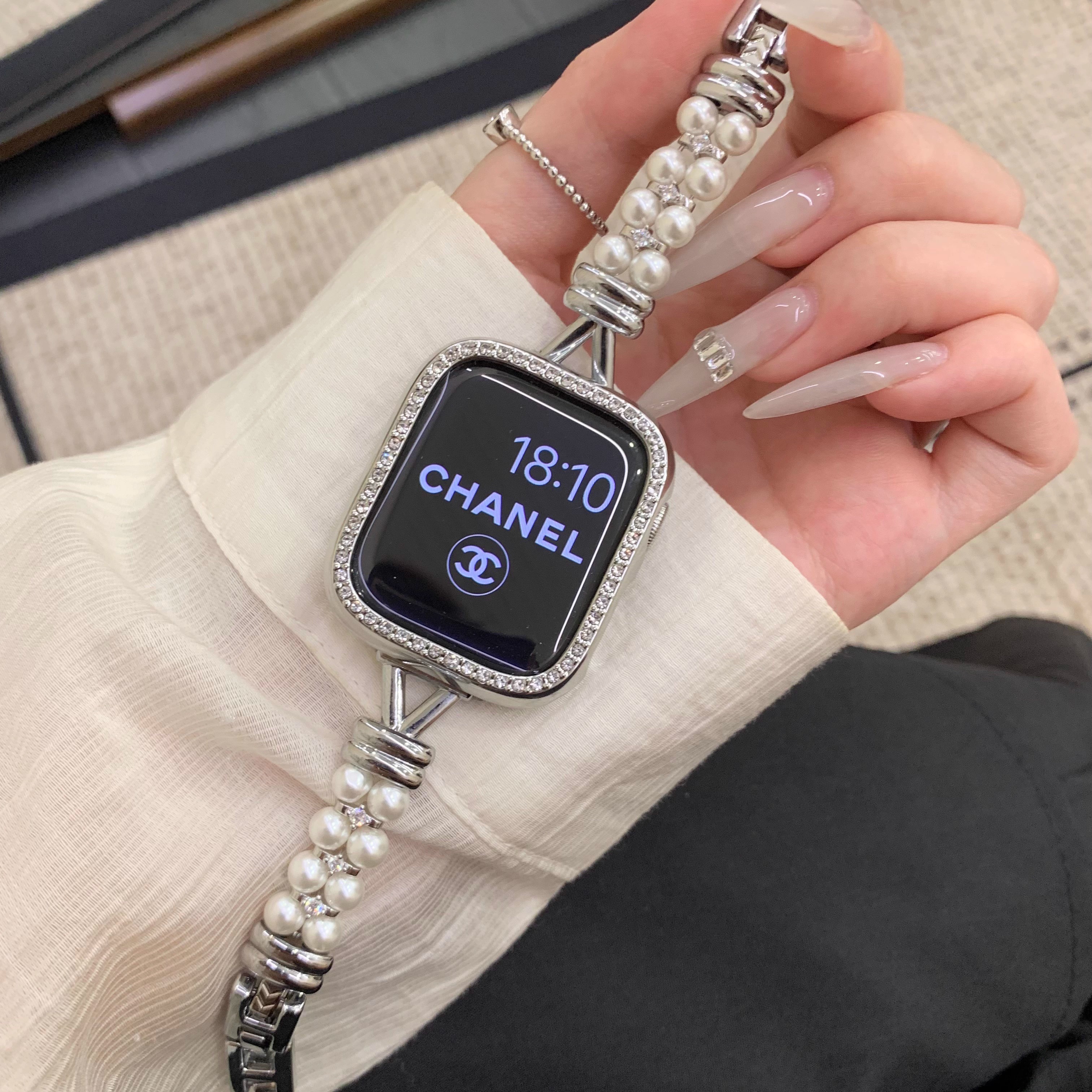 适用苹果iwatch10珍珠结表带金属