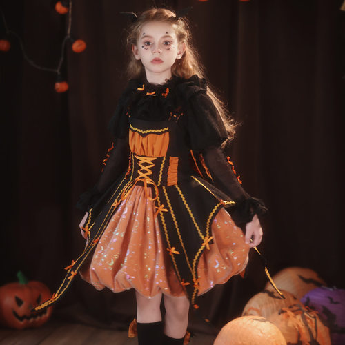 万圣节服装cosplay女巫南瓜裙儿童连衣裙幼儿园演出服发光灯笼裙