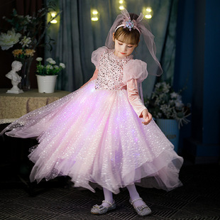 女童秋季连衣裙2023秋冬粉色珠片儿童礼服裙子不规则洛丽塔公主裙