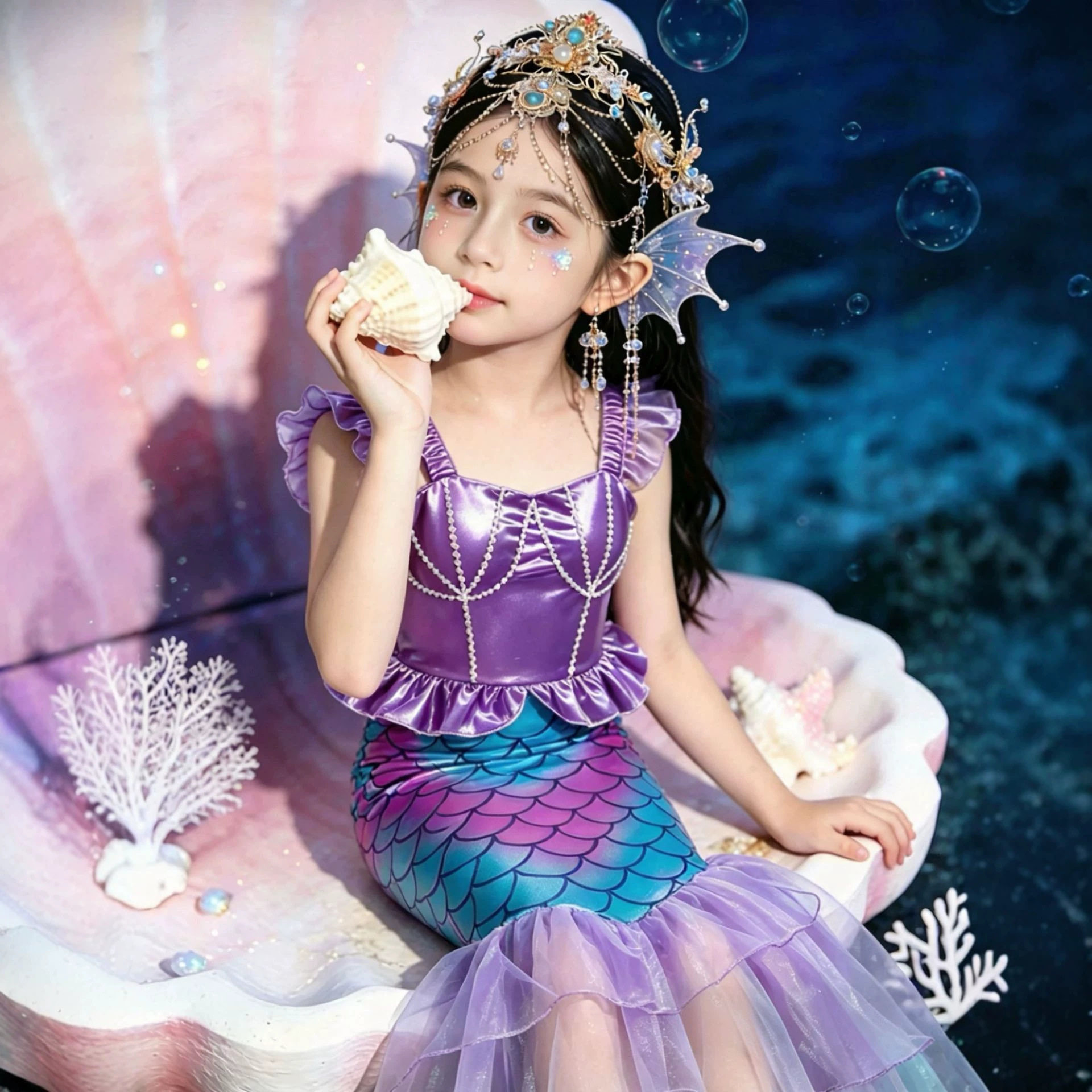 跨境亚马逊新款女童美人鱼公主裙幼儿园小女孩表演礼服鱼尾连衣裙