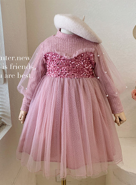 加绒连衣裙女童连衣裙秋冬季女孩公主裙儿童洋气绒礼服22745