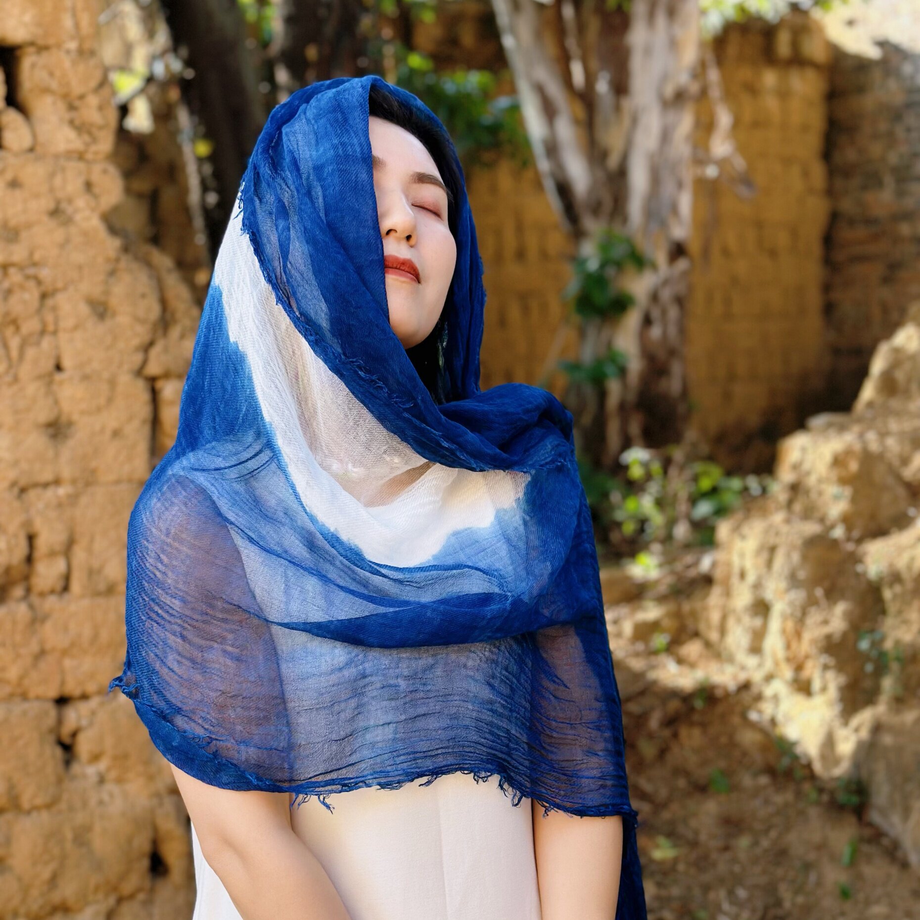 【山水清欢】文艺复古蓝白渐变羊毛披肩 超柔软羊毛渐变色围巾