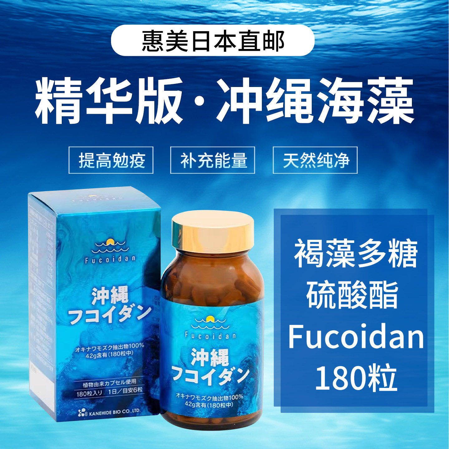 惠美日本直邮 精华版冲绳海藻褐藻多糖硫酸酯 Fucoidan 180粒/瓶