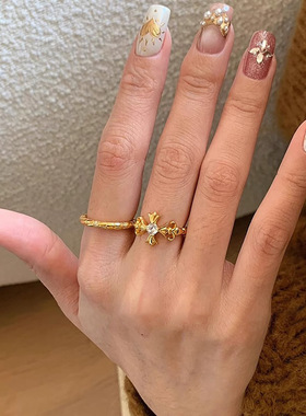 S925纯银同款中古轻奢金色十字鸢尾花戒指女高级感百搭戒指指环