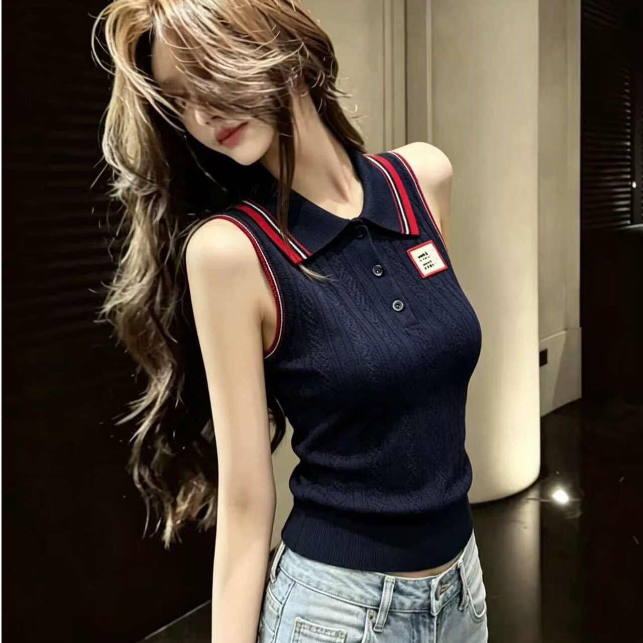 减龄红白条边POLO领针织衫女上衣