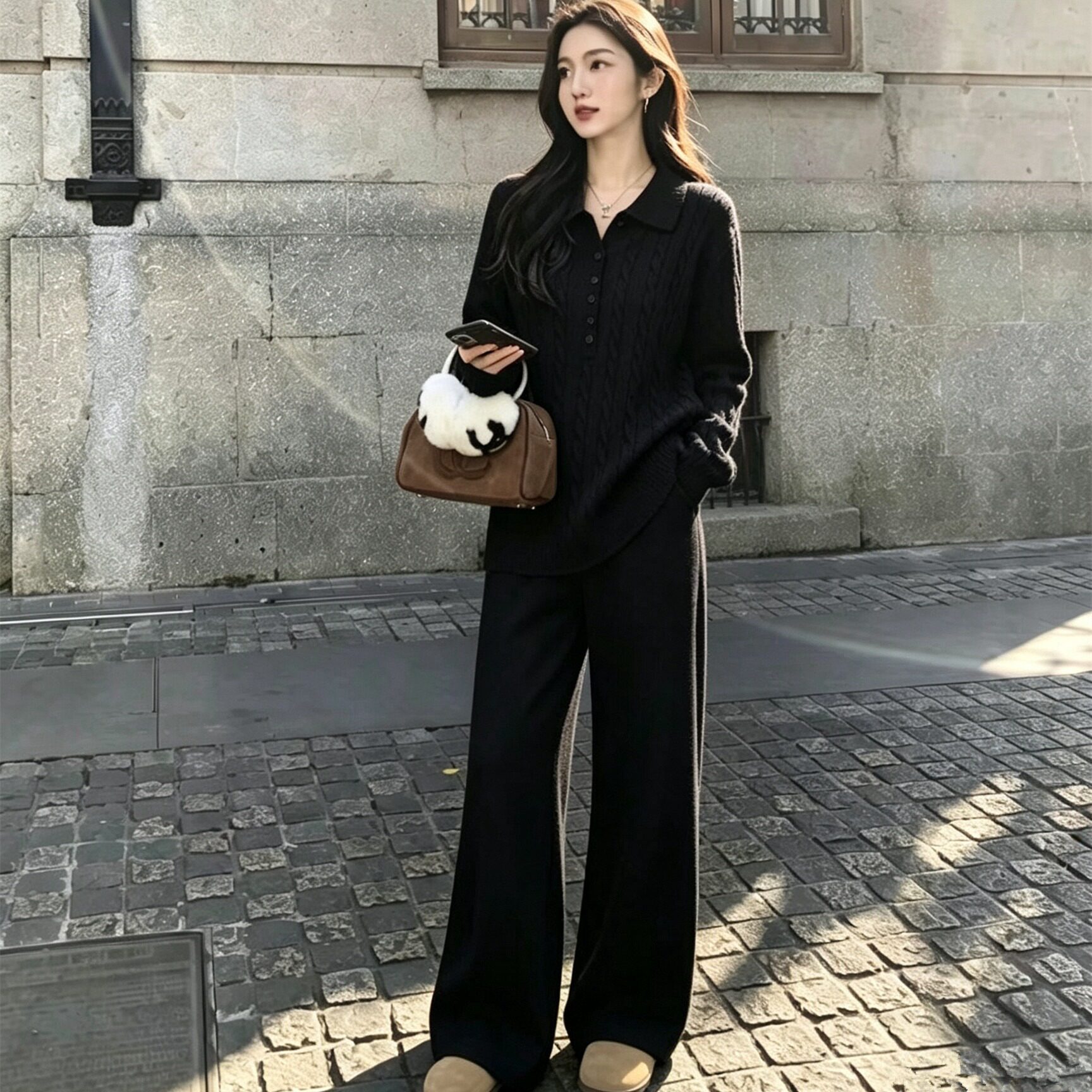 POLO领针织衫女上衣阔腿裤两件套