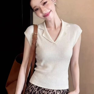 设计感修身 法式 百搭正肩上衣 t恤女夏季 短袖 绞花小飞袖 翻领针织衫