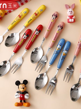 玉米迪士尼卡通儿童叉子勺子宝宝汤勺饭勺小尖可爱创意不锈钢家用