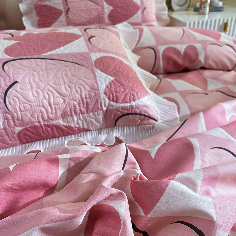 热销直播韩版波点全棉夹棉绗缝床盖三件套雪纺花边纯棉四季床罩双