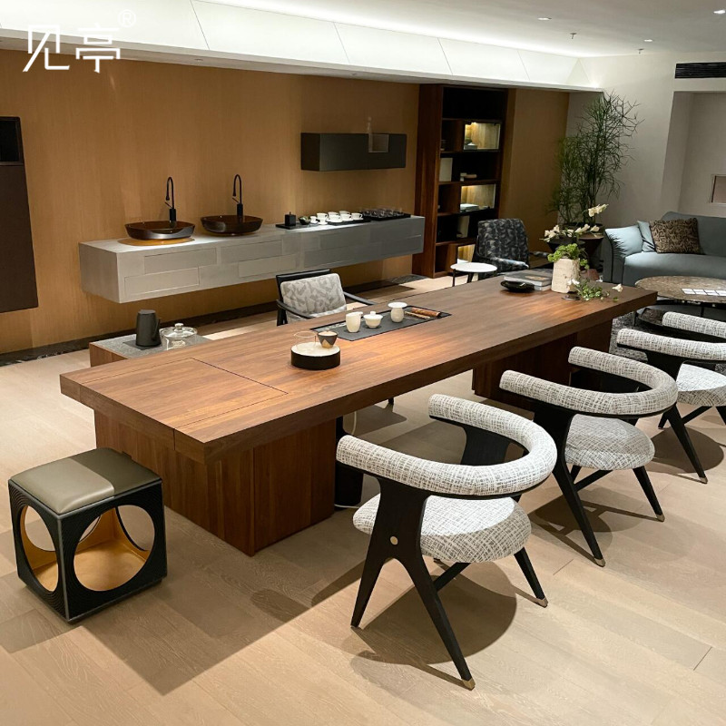 无界新中式极简白蜡木黑胡桃木意式轻奢办公室泡茶桌椅组合茶台几