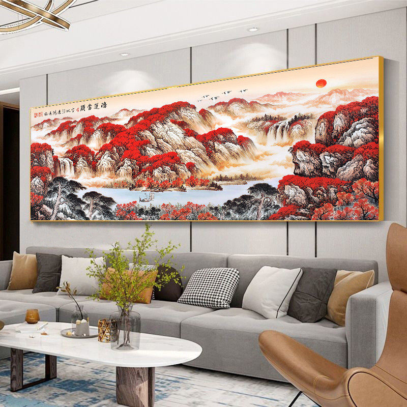 挂画沙发免鸿运单幅壁画背景墙中式装饰画当头新打孔客厅现代简约