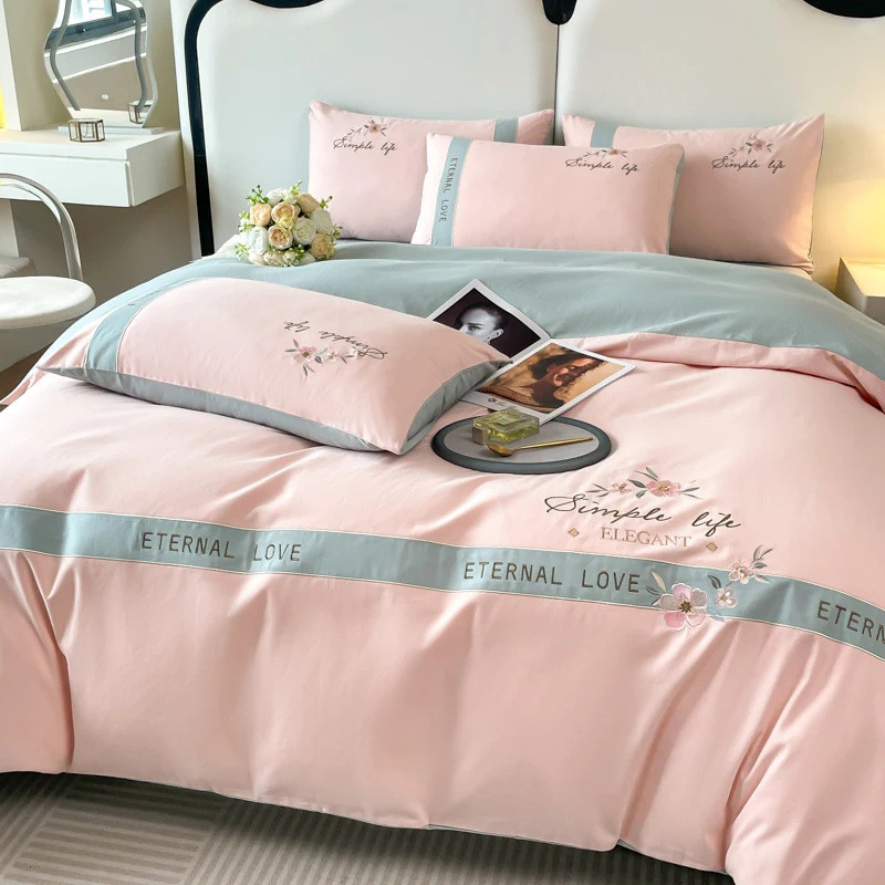 轻奢60高级感双股纯色简约绣花长绒棉四件套全棉床单支床上用品
