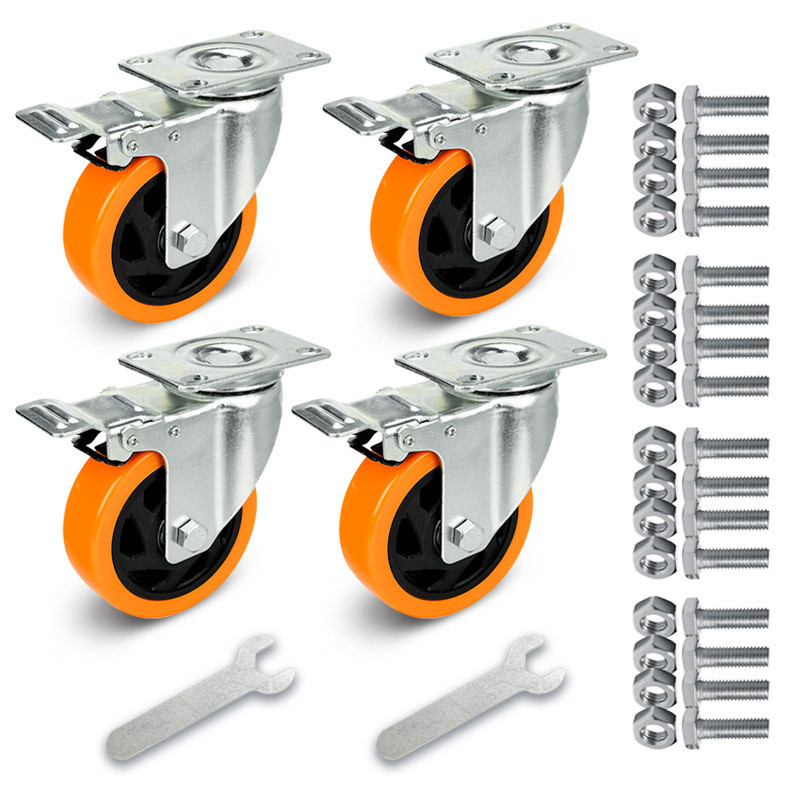 3寸4寸5pvc橙色通花脚轮套装底板轮子轮带刹车推车万向