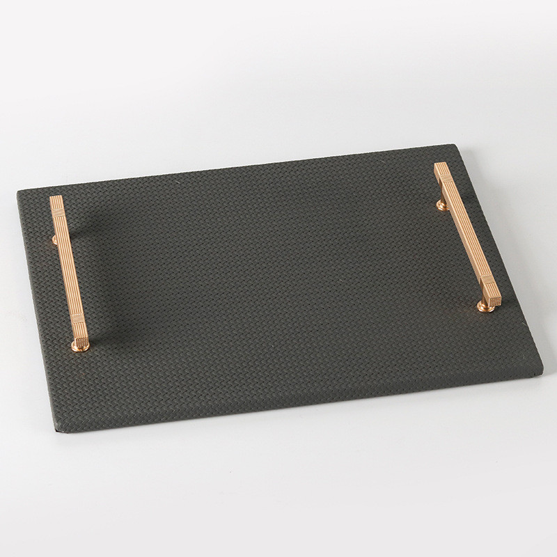 热销轻奢摆件提手编织皮革托盘金属极简样板间酒店卧室客厅桌面装