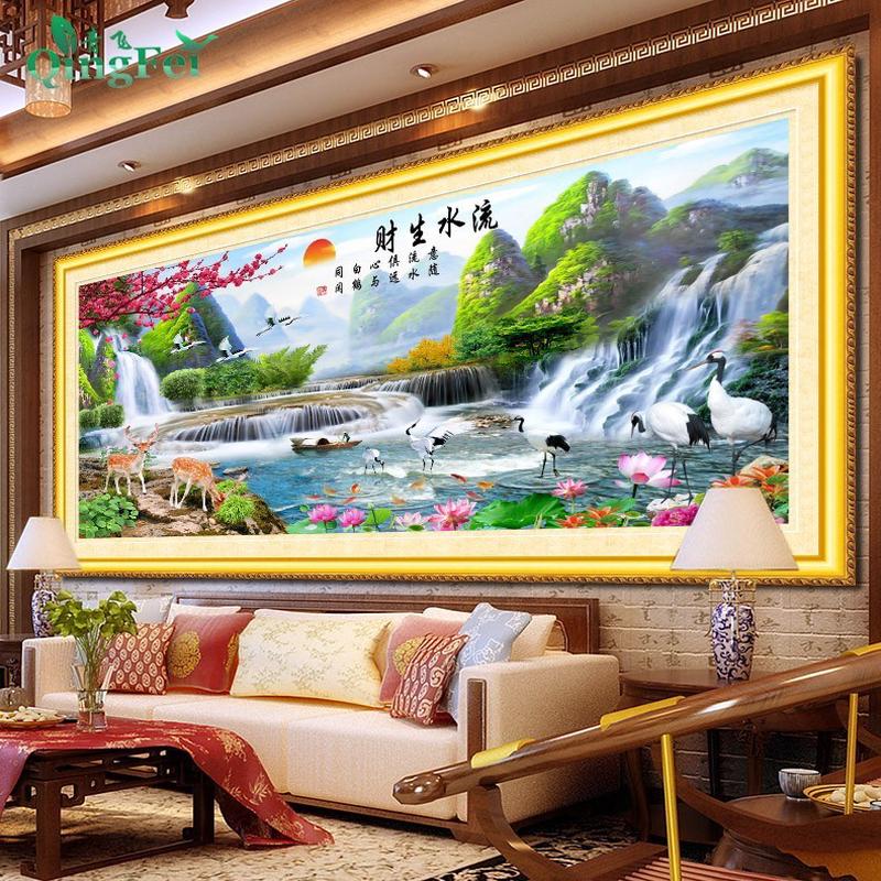 青飞十字绣流水生财鹿线绣满绣流水生财客厅贴钻画大幅有钻石画